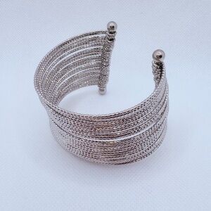 Sparkling Multi Layer Silvertone Cuff Bracelet Layered Textured Adjustable